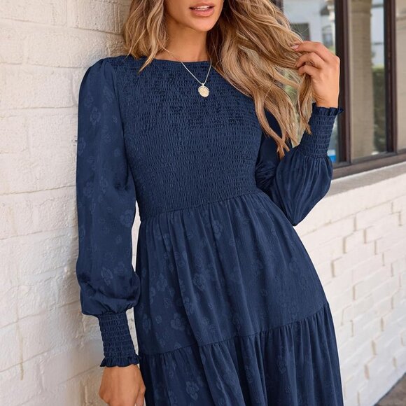 Women's Floral Midi Dress Long Sleeve Pockets Elegant Fall Spring Party Wear - Picture 5 of 8